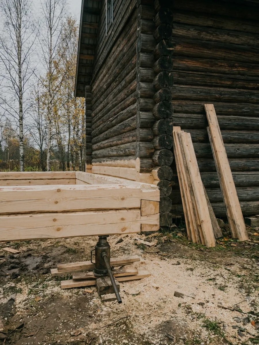 Угол старого сруба с заменёнными нижними венцами